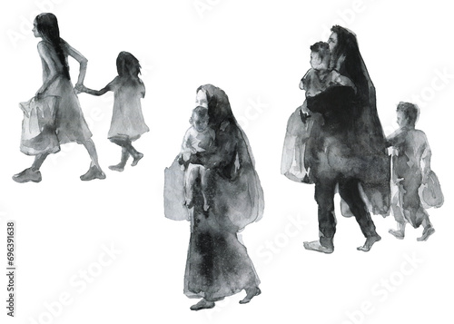Painting family, woman, children. Refugees concept. Watercolor silhouettes of people. Hand drawn illustration isolated on white background