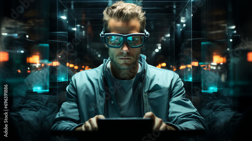 A young man wearing glasses. Serious face expression. Using a tablet device. Dramatic lighting and reflective bakground. Science and research. Virtual reality
