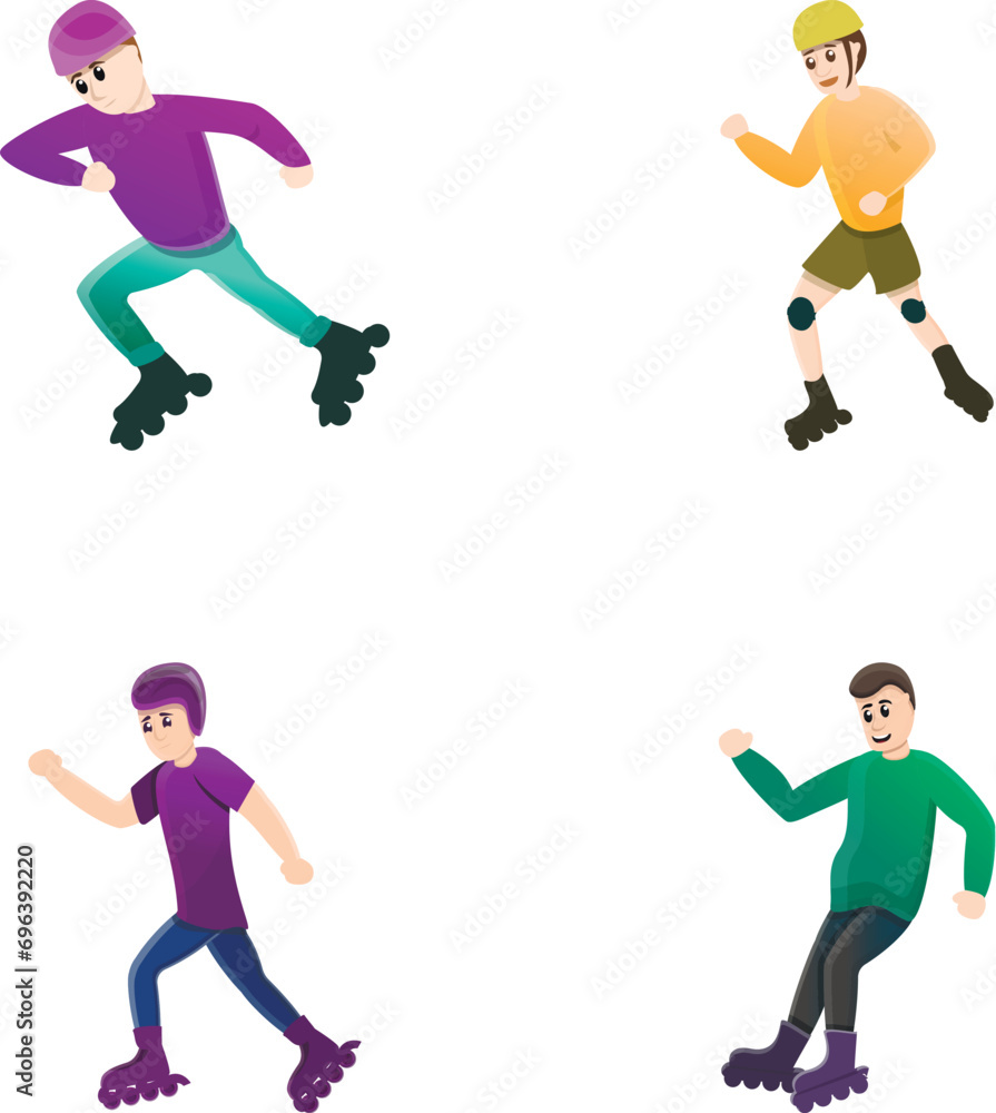 Man roller icons set cartoon vector. Man character on roller skate. Physical activity, hobby