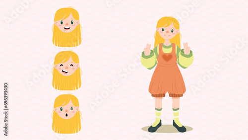 Young pretty blonde girl gestures victory hand sign with facial expressions (ID: 696393430)