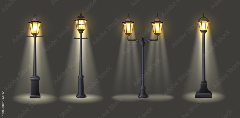 3d realistic vector icon illustration. Street lamps with light on dark background.