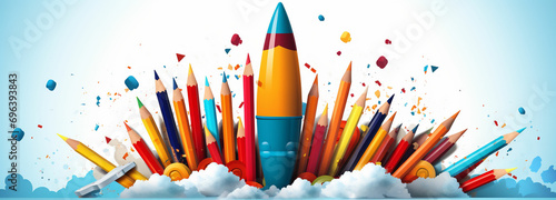 A fun and whimsical clipart of a pencil with rocket fins, symbolizing creativity and imagination taking off