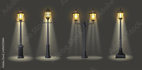 3d realistic vector icon illustration. Street lamps with light on dark background.