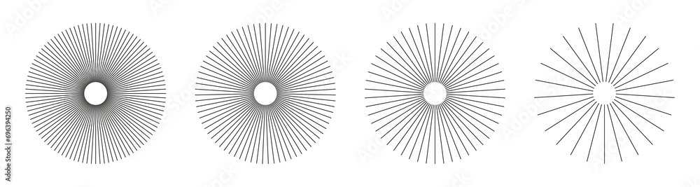 Radial circle lines. Circular lines elements. Symbol of Sun star rays. Flat design elements. Spokes with radiating stripes. Abstract illusion geometric shapes.