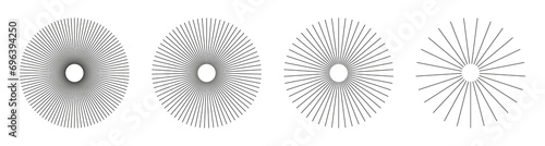 Radial circle lines. Circular lines elements. Symbol of Sun star rays. Flat design elements. Spokes with radiating stripes. Abstract illusion geometric shapes.