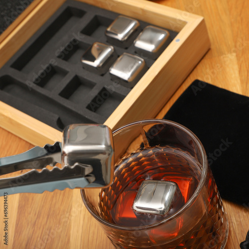 Stainless Steel Whiskey Stone Set in Bamboo Box, Whiskey Stone Set, Gift for Whiskey Lover, concept shot, top view, whiskey stones photo