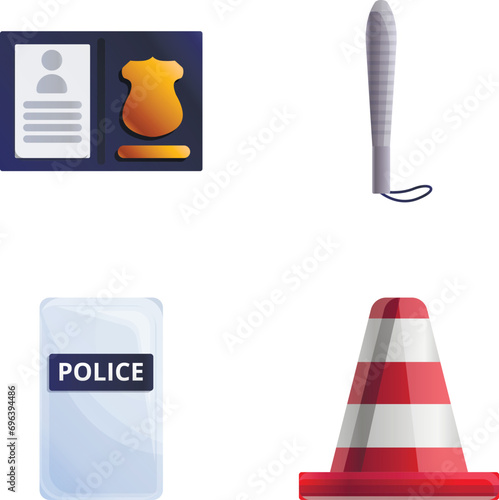 Professional equipment icons set cartoon vector. Police professional equipment. Law enforcement