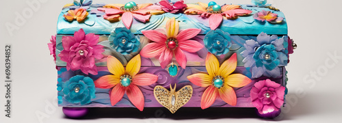 A one of a kind jewelry box using papier Mache. Form a shape using balloons or a mold, and layer papier Mache strips. Once dry, paint, decorate, and add compartments. photo