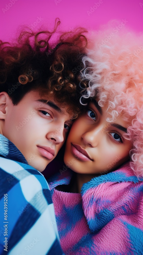 Portrait of diverse young couple on pink background