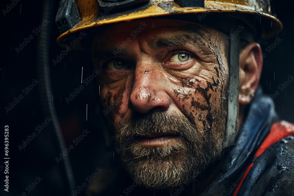 Generative AI picture of man dressed in dirty work overalls and hard hat working in a mine cave Generative AI picture of man dressed in dirty work overalls and hard hat working in a mine cave