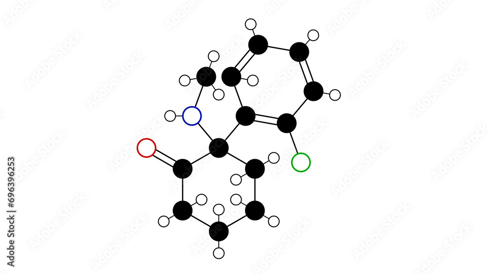 ketamine molecule, structural chemical formula, ball-and-stick model, isolated image dissociative anesthetic ketamine molecule, structural chemical formula, ball-and-stick model, isolated image dissociative anesthetic