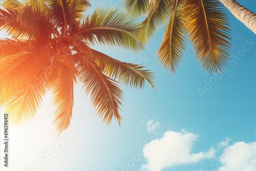 Exquisite Vintage Tropical Beach. Idyllic Blue Sky and Majestic Palm Trees, Serene Summer Background
