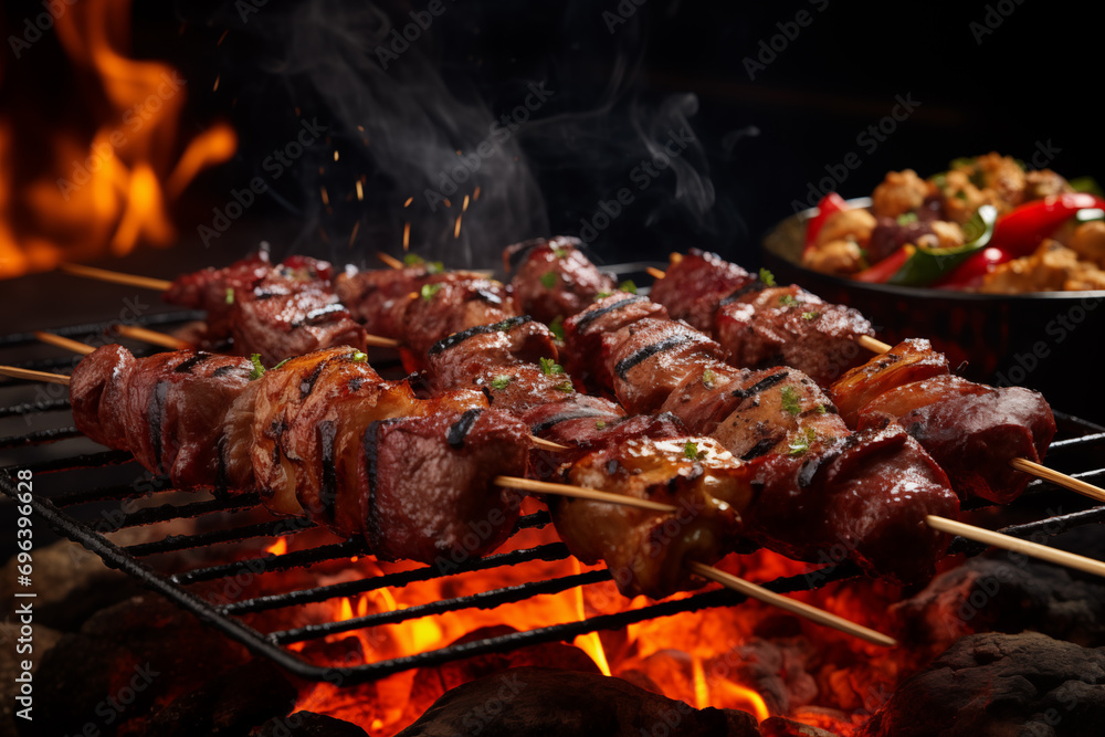 A sizzling barbecue scene, with smoke wafting over a variety of meats, each skewer displaying a mouthwatering char. A sizzling barbecue scene, with smoke wafting over a variety of meats, each skewer displaying a mouthwatering char.
