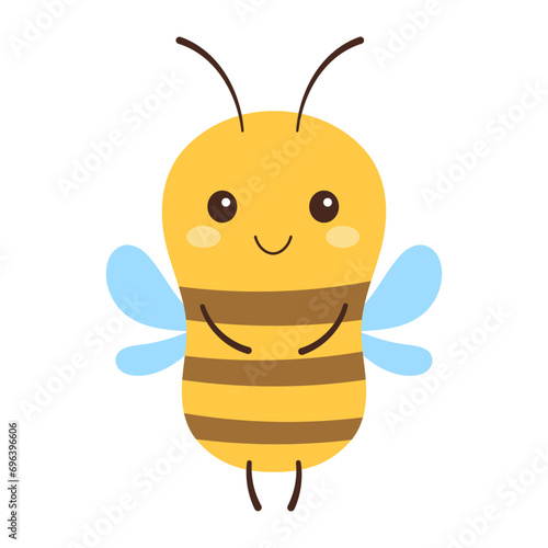 cute friendly insect, cartoon happy bee character, flat vector illustration isolated on white