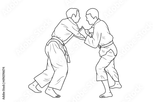 Line drawing of two young sportive judoka fighter. Judoist, judoka, athlete, duel, fight, judo