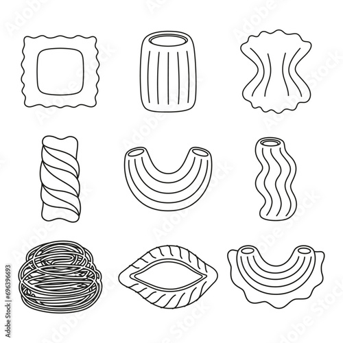 linear pictures of classical italian food, different types of pasta farfalle and conchiglie, stortini and ravioli, spaghetti and fusilli icons