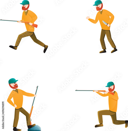 Hunting season icons set cartoon vector. Hunter character with rifle and knife. Shooter and weapon