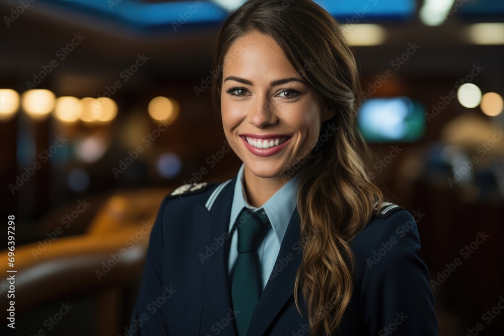 Female pilot on the background of the control room - obrazy, fototapety, plakaty 