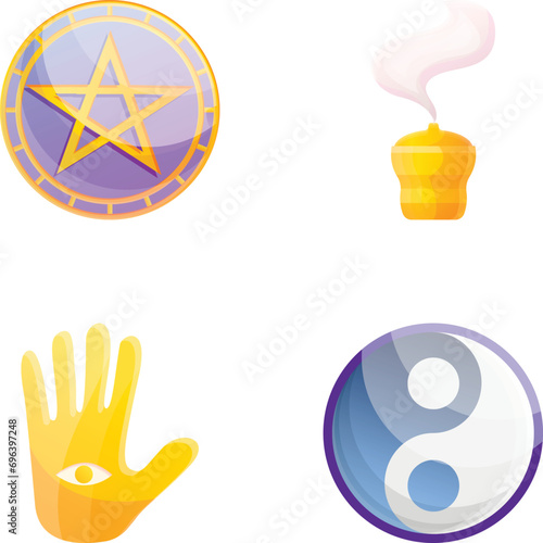 Occultism icons set cartoon vector. Accessory for magic ritual. Occult, prediction, witchcraft