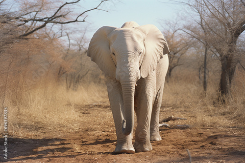 An image of an albino elephant, its majestic presence highlighted by the ivory-toned skin, wandering gracefully in its habitat.