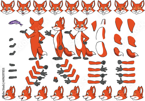 Vector cartoon style fox character for animation. Different emotions, gestures and poses. Isolated vector illustration.