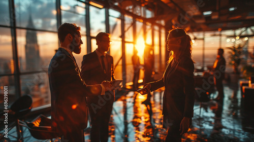 Happy business people shaking hands in modern office 