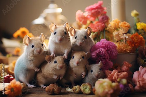 Gerbils in a pastel paradise, gathered together in a delightful tableau that exudes warmth against the gentle studio background.