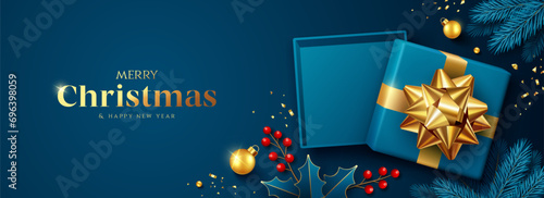Merry christmas and Happy new year, blue gift box gold ribbon, red berry and blue pine leaf banner design on blue background, Eps 10 vector illustration
