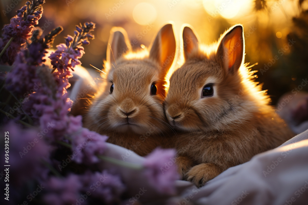 A pair of bonded rabbits snuggling on a lavender cushion, their noses touching in a heartwarming display of affection. A pair of bonded rabbits snuggling on a lavender cushion, their noses touching in a heartwarming display of affection.