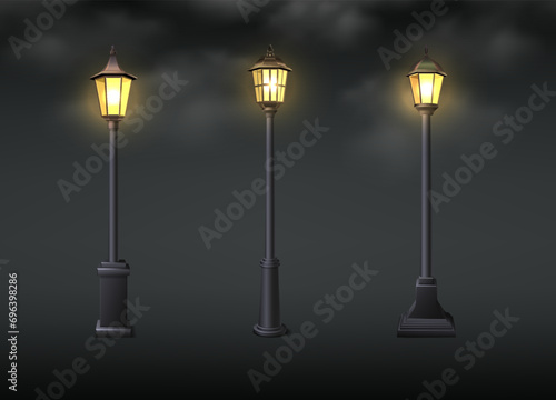 3d realistic vector icon illustration. Old street lights with smoke dark effect.