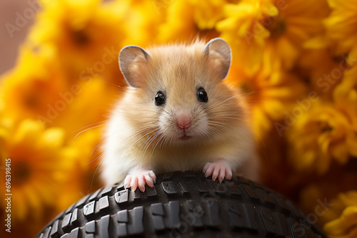 An endearing portrait of a dwarf hamster perched on a pastel yellow wheel, its tiny paws and bright eyes adding to its charm. photo