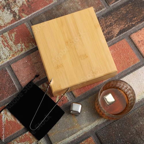 Stainless Steel Whiskey Stone Set in Bamboo Box, Whiskey Stone Set, Gift for Whiskey Lover, concept shot, top view, whiskey stones photo