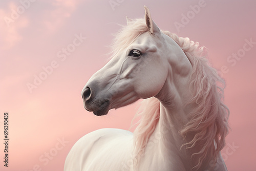 A striking composition of a majestic white horse against a soft pink sky  creating an ethereal and dreamlike scene.