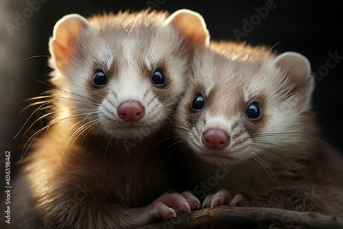 A graceful pair of ferrets entwined in a playful embrace, their sleek fur and dynamic poses creating a visually engaging composition.