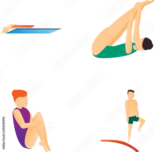Diving icons set cartoon vector. People jumping from board into water. Water sport, competition