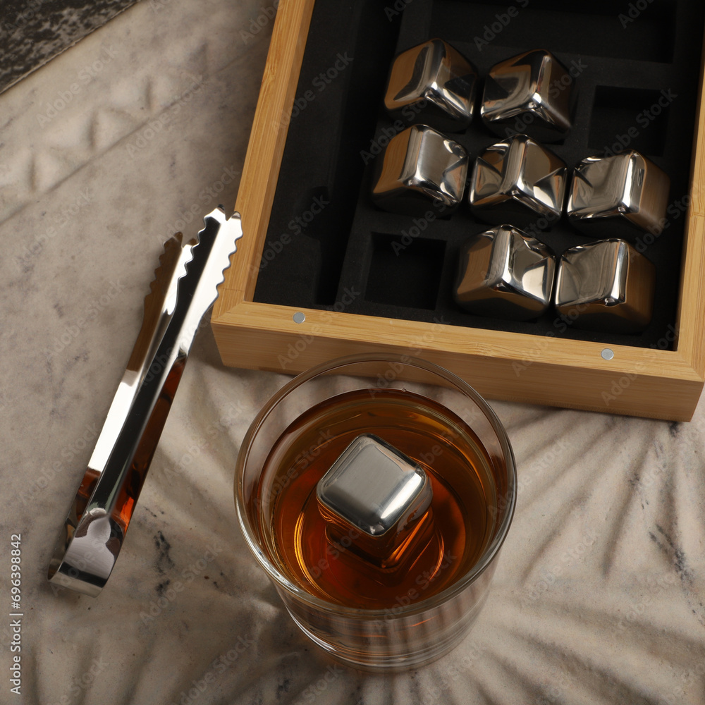 Stainless Steel Whiskey Stone Set in Bamboo Box, Whiskey Stone Set, Gift for Whiskey Lover, concept shot, top view, whiskey stones Stainless Steel Whiskey Stone Set in Bamboo Box, Whiskey Stone Set, Gift for Whiskey Lover, concept shot, top view, whiskey stones