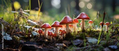 Vibrant red fly agaric mushrooms in a forest.
