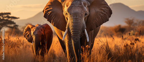 Majestic elephant in a grassy field at sunset. © smth.design