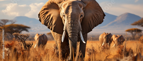 Majestic elephant in a grassy field at sunset. © smth.design