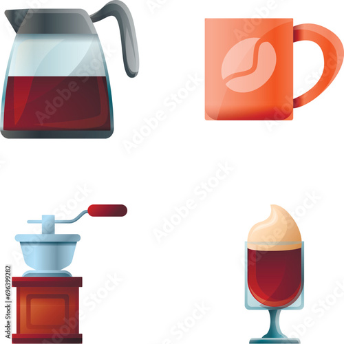 Coffee icons set cartoon vector. Manual coffee grinder and kettle. Cafe