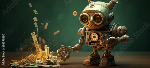 A cute robot with steampunk aesthetics, featuring gears, cogs, and intricate details. The robot could be holding a vintage style money bag with a mechanical flair. photo