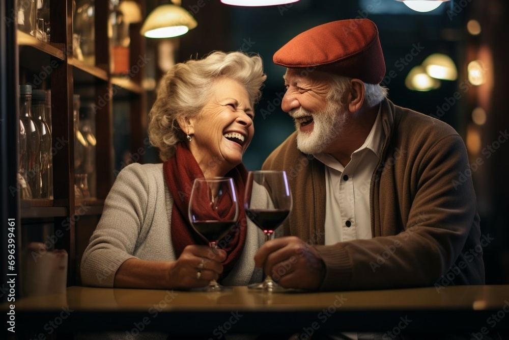 An elderly couple is sitting at a table in a cafe, looking at each other and laughing merrily, holding glasses of red wine. The concept of a full life in retirement.