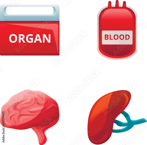 Organ transplantation icons set cartoon vector. Human organ and blood reserve. Transplantology, medicine