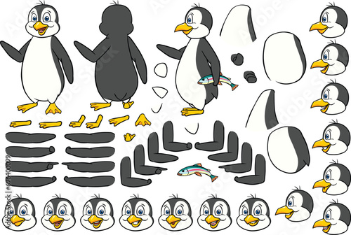 Vector cartoon style penguin character for animation. Different emotions, gestures and poses. Isolated vector illustration.