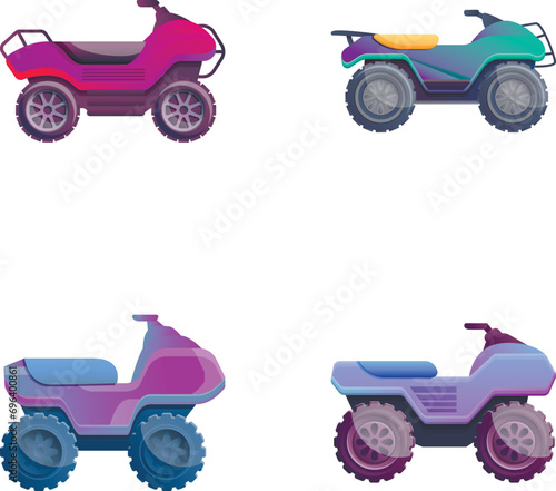 Atv icons set cartoon vector. All terrain vehicle. Extreme sport concept