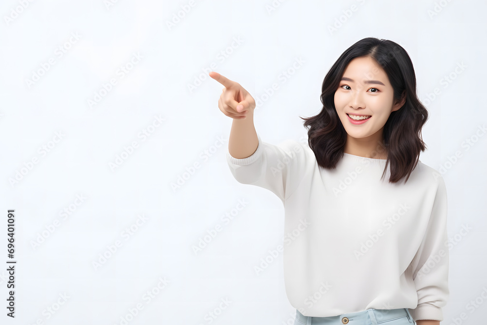 female model smiling and pointing at product, model for product promotion on blank background female model smiling and pointing at product, model for product promotion on blank background
