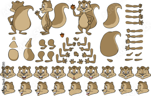 Vector cartoon style squirrel character for animation. Different emotions, gestures and poses. Isolated vector illustration.