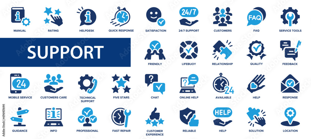 Customer service and support flat icons set. Service, mutual aid, quick, helpdesk, quick response, feedback, help, icons and more signs. Flat icon collection. - obrazy, fototapety, plakaty 