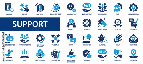 Customer service and support flat icons set. Service, mutual aid, quick, helpdesk, quick response, feedback, help, icons and more signs. Flat icon collection.
