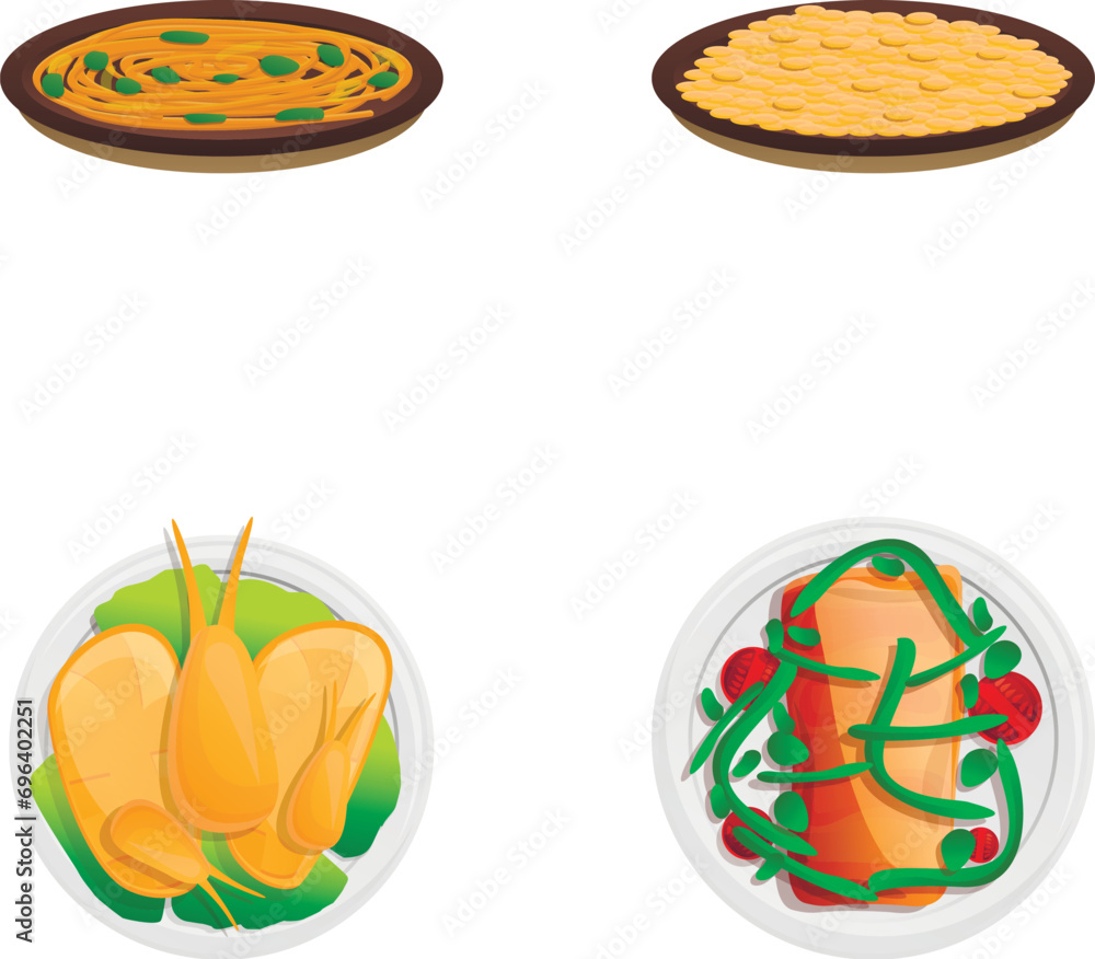 Lunch icons set cartoon vector. Various dish for lunch. Cooking, food concept